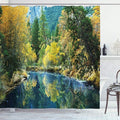 Ambesonne Nature Shower Curtain, Autumn Landscape Scenery Forest by River Seasonal Rural Countryside Picture, Cloth Fabric Bathroom Decor Set with Hooks, 69" W x 84" L, Green Blue Yellow