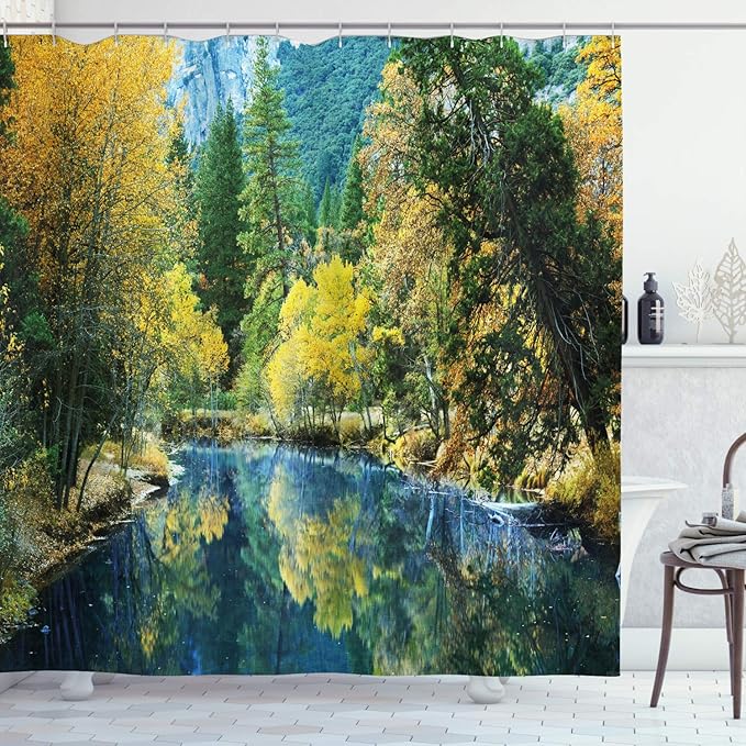 Ambesonne Nature Shower Curtain, Autumn Landscape Scenery Forest by River Seasonal Rural Countryside Picture, Cloth Fabric Bathroom Decor Set with Hooks, 69" W x 84" L, Green Blue Yellow