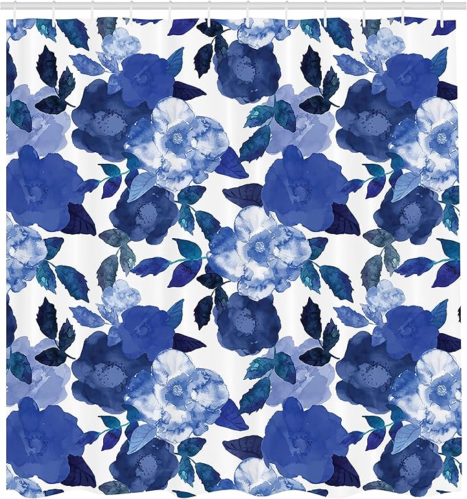 Ambesonne Flower Shower Curtain, Lively Watercolor Painted Simplistic Large Flowers and Leaves Inspired by Spring Season Artwork, Cloth Fabric Bathroom Decor Set with Hooks, 69" W x 84" L, Blue White