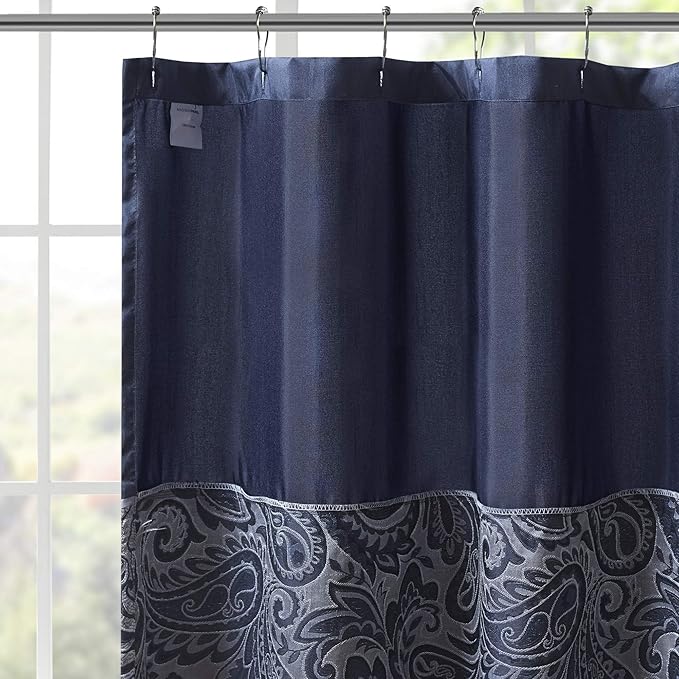 Madison Park Aubrey Shower Curtain Paisley Jacquard Pieced Microfiber Faux Silk Modern Home Bathroom Decorations Bathtub Privacy Screen, Decorative Bathroom, 72" x 72", Navy