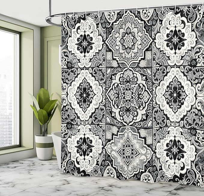 Ambesonne Grey Shower Curtain, Oriental Trippy Art with Moroccan Tile Pattern of Blooming and Curlicue Leaves, Cloth Fabric Bathroom Decor Set with Hooks, 69" W x 84" L, Off White Dimgray