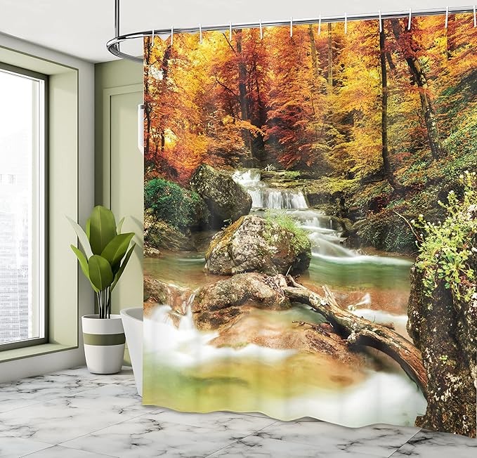 Ambesonne Waterfall Shower Curtain, Autumn Seasonal Woodland Creek Trees Foliage Rocks in Forest Image, Cloth Fabric Bathroom Decor Set with Hooks, 69" W x 70" L, Coffee Orange
