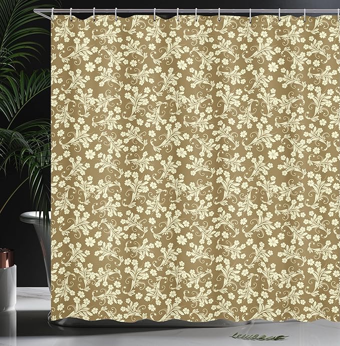 Ambesonne Floral Shower Curtain, Spring Season Inspired Baroque Style Flowers Leaves Art Design, Cloth Fabric Bathroom Decor Set with Hooks, 69" W x 70" L, Brown Caramel