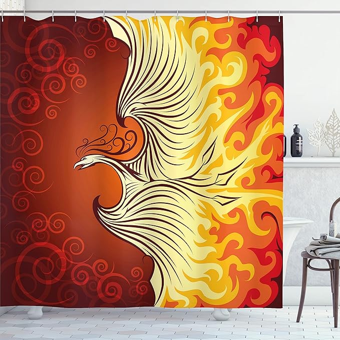 Ambesonne Orange Shower Curtain, Illustration of Flying Phoenix Bird in The Burning Mythical Creature Print, Cloth Fabric Bathroom Decor Set with Hooks, 69" W x 84" L, Orange and Yellow