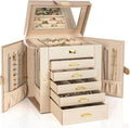 AKOZLIN 6-Tier Jewelry Box Organizer Functional 5 Drawers Leather Jewelry Storage Case for Women Girls Ring Necklace Earring Bracelet Holder Organizer with Mirror Champagne Regular