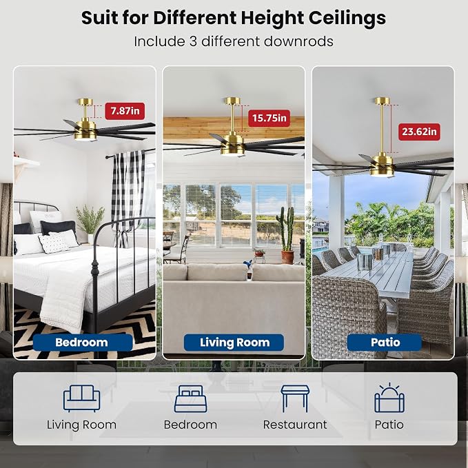 Conciseer 65 Inch Ceiling Fans with Lights and Remote for Bedroom Living Room Kitchen Office, Indoor/Outdoor Use, 3CCT, 8 Blades 6 Speed Reversible Dimmable Quiet DC Motor, Gold/Black