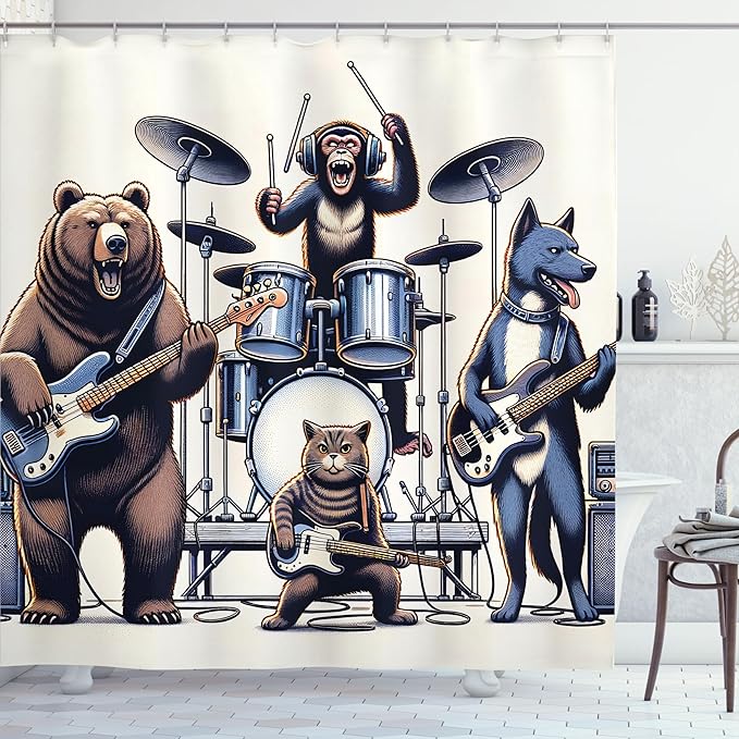 Ambesonne Musician Animals Shower Curtain, Humorous Band with Wolf Bear Cat and Monkey Rock Concert, Cloth Fabric Bathroom Decor Set with Hooks, 69" W x 84" L, Lavender Blue Brown White