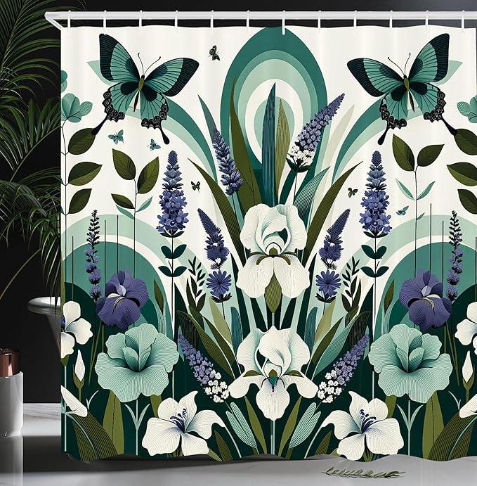 Ambesonne Teal Shower Curtain, Curving Leaves and Floral Mirage with Iris Lavender Eucalyptus Butterfly, Cloth Fabric Bathroom Decor Set with Hooks, 69" W x 70" L, Seafoam Jade Green Ivory