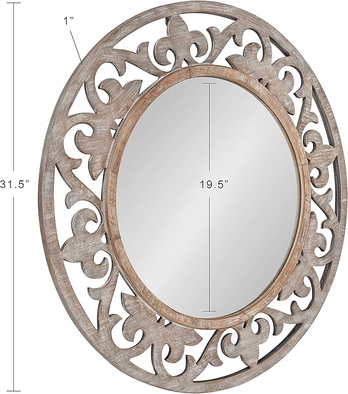 Kate and Laurel Shovali Rustic Round Mirror, 31.5 Diameter, Rustic Whitewash, Ornate Wood-Carved Frame, Decadent Wall Decor with Vintage Charm
