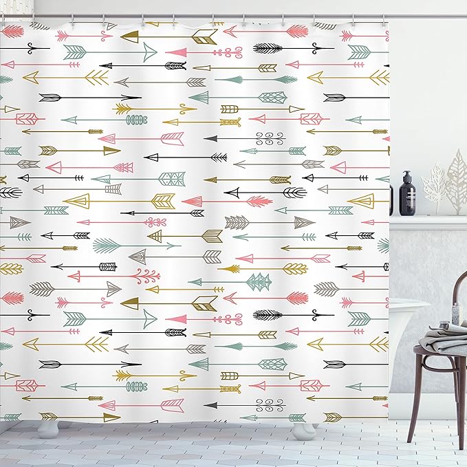Ambesonne Arrows Shower Curtain, Colorful Bohemian Ornament Pattern Aztec Inspired Artwork on Plain Background Art Image, Cloth Fabric Bathroom Decor Set with Hooks, 69" W x 75" L, White Multicolor