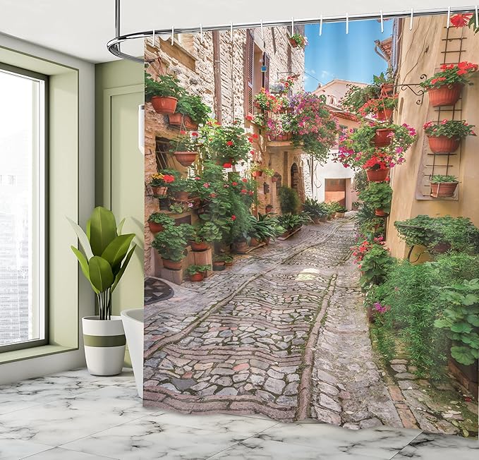 Ambesonne Tuscan Shower Curtain, Historical Mediterranean Street Flowers Italian Town in Sunny Day Umbria, Cloth Fabric Bathroom Decor Set with Hooks, 69" W x 70" L, Ivory Green