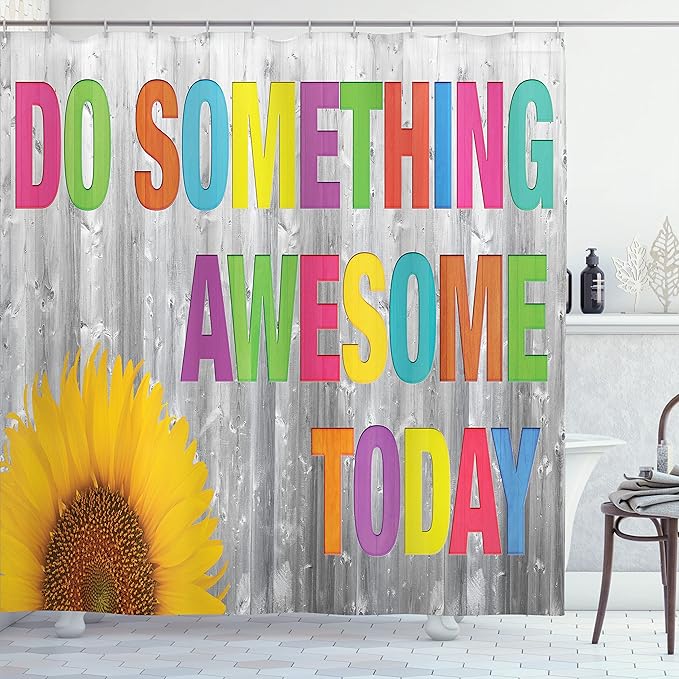 Ambesonne Saying Shower Curtain, Do Something Today Sunflower on Wooden Wall Planks Penal Colorful Letters, Cloth Fabric Bathroom Decor Set with Hooks, 69" W x 84" L, Pink Green