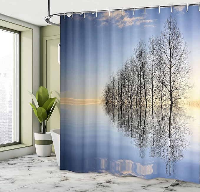 Ambesonne Landscape Shower Curtain, Trees on Top of The Frozen Lake in The Winter Scenic Forces of Nature Art Print, Cloth Fabric Bathroom Decor Set with Hooks, 69" W x 70" L, Blue Brown
