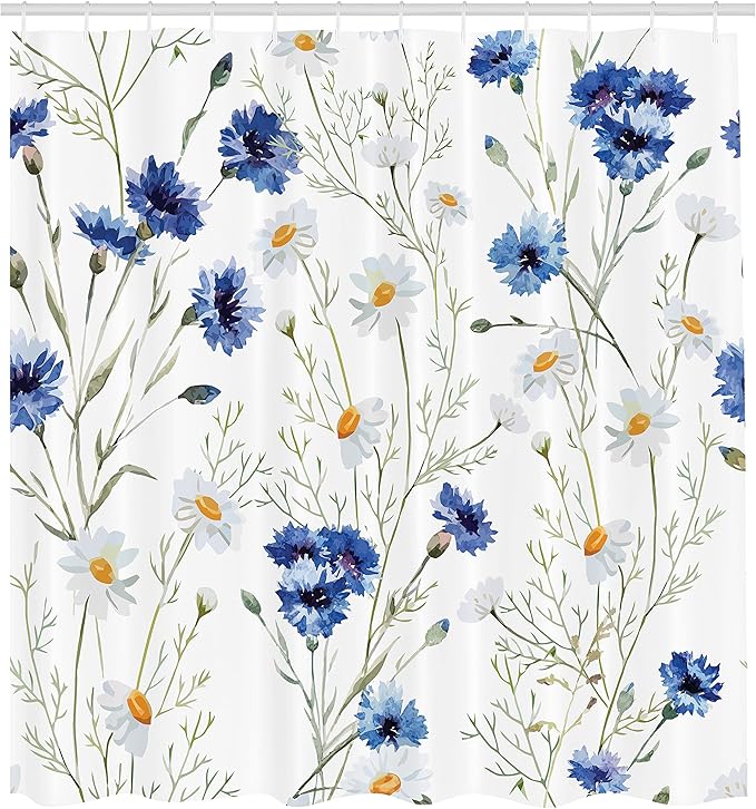 Ambesonne Watercolor Flower Shower Curtain, Wildflowers and Cornflowers Daisies Blooms Flower Buds, Cloth Fabric Bathroom Decor Set with Hooks, 69" W x 75" L, Green Marigold