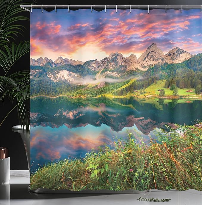 Ambesonne Landscape Shower Curtain, Summer Sunrise on Vorderer Gosausee Lake in The Austrian Alp Mountains, Cloth Fabric Bathroom Decor Set with Hooks, 69" W x 70" L, Pink Green