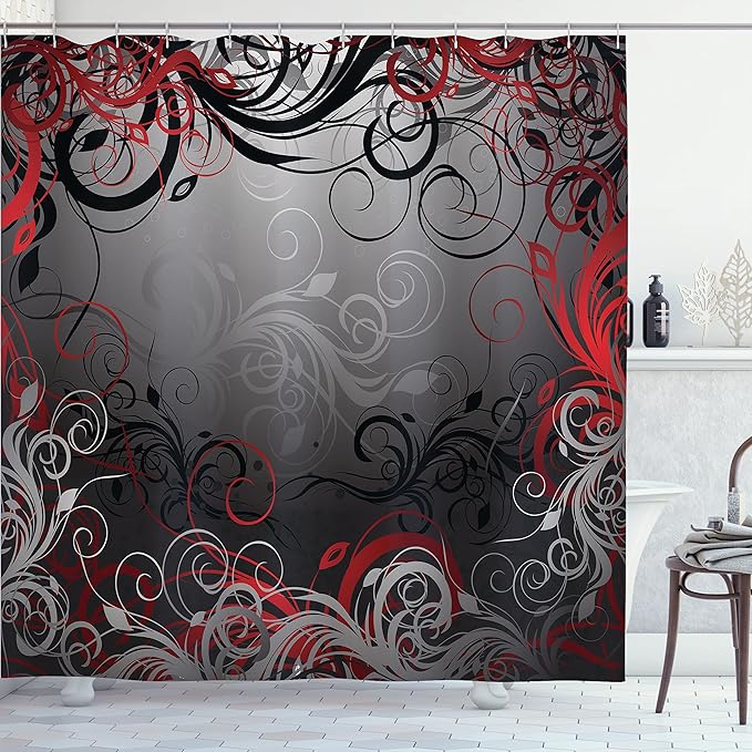 Ambesonne Abstract Shower Curtain, Mystic Forest Floral Swirls Leaves Nature Fading Ombre Effect, Cloth Fabric Bathroom Decor Set with Hooks, 69" W x 70" L, Charcoal Ruby