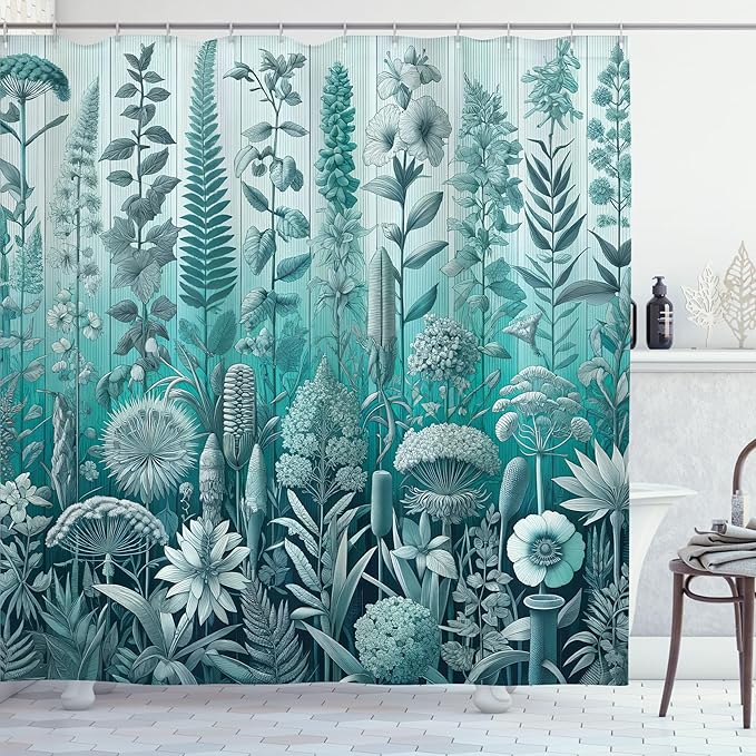 Ambesonne Turquoise Shower Curtain, Botanical Thistle Lavender and Leafy Floral Huddle on Greenery Ombre Back, Cloth Fabric Bathroom Decor Set with Hooks, 69" W x 75" L, Pale Teal Seafoam