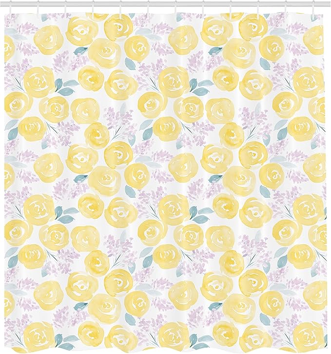 Ambesonne Watercolor Flower Shower Curtain, The Roses and Little Flowers with a Paint Effect of Floral Vintage Style of an Artwork, Cloth Fabric Bathroom Set with Hooks, 69" W x 70" L, Yellow Lilac