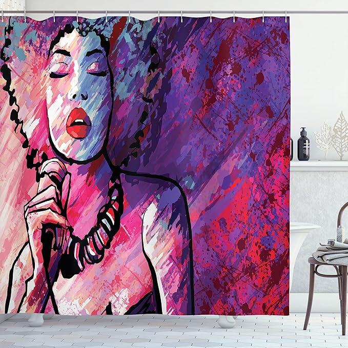 Ambesonne Grunge Shower Curtain, Jazz Singer Performing with a Microphone on Grunge Background Illustration Print, Cloth Fabric Bathroom Decor Set with Hooks, 69" W x 70" L, Purple Red