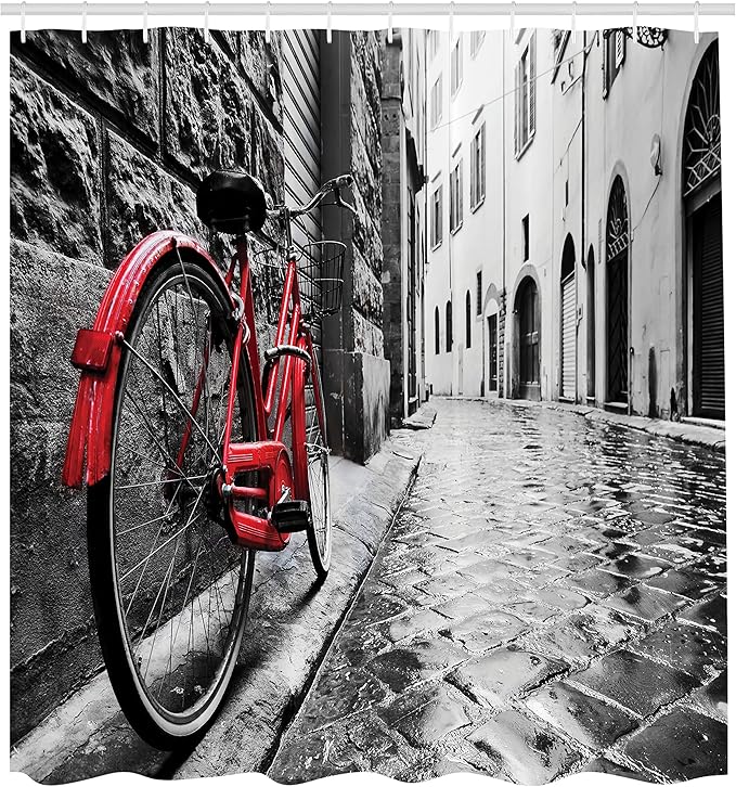 Ambesonne Bicycle Shower Curtain, Classic Bike on Cobblestone Street in Italian Town Leisure Photo, Cloth Fabric Bathroom Decor Set with Hooks, 69" W x 75" L, White Black