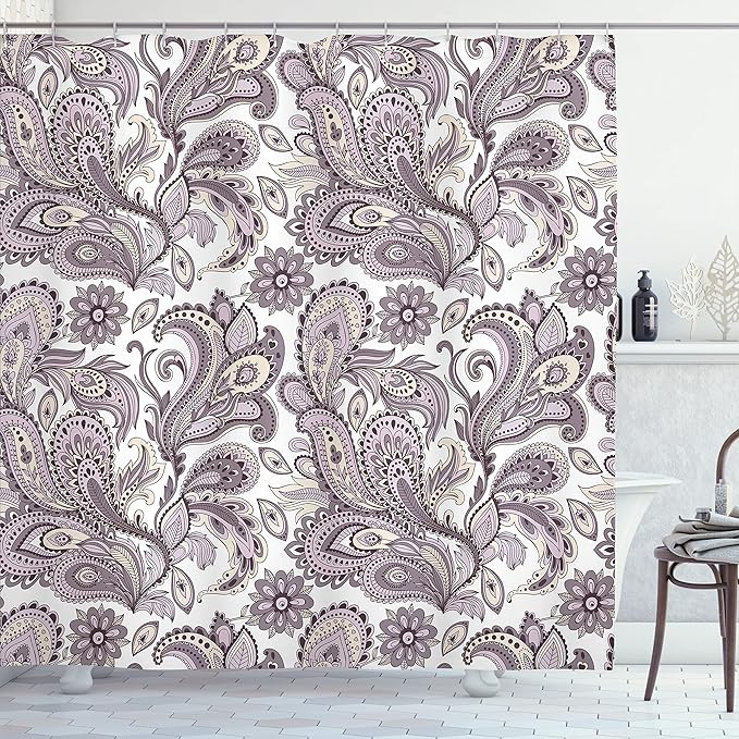 Ambesonne Paisley Shower Curtain, Ethnic Art Swirly Flowers Leaves Floral Pattern Bohemian Style Country Print, Cloth Fabric Bathroom Decor Set with Hooks, 69" W x 70" L, Mauve Taupe Ivory