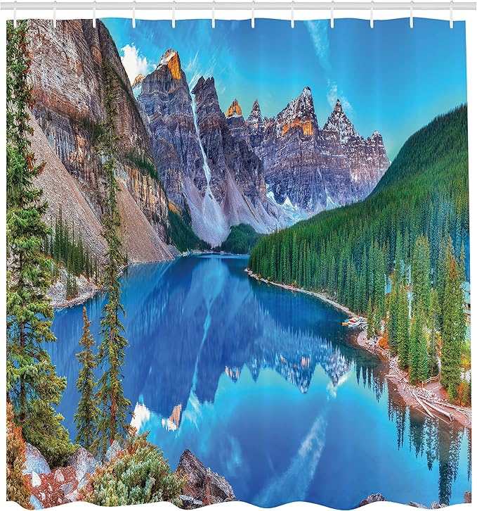 Ambesonne Landscape Shower Curtain, Moraine Lake Sunrise in Banff National Park Clear Sky Reflection Colorful Picture, Cloth Fabric Bathroom Decor Set with Hooks, 69" W x 84" L, Green Blue
