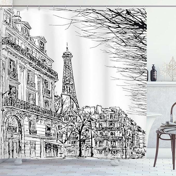 Ambesonne Paris Shower Curtain, Sketch Parisian Street with Trees and Eiffel Famous City Scenery Architectural Print, Cloth Fabric Bathroom Decor Set with Hooks, 69" W x 70" L, Black White