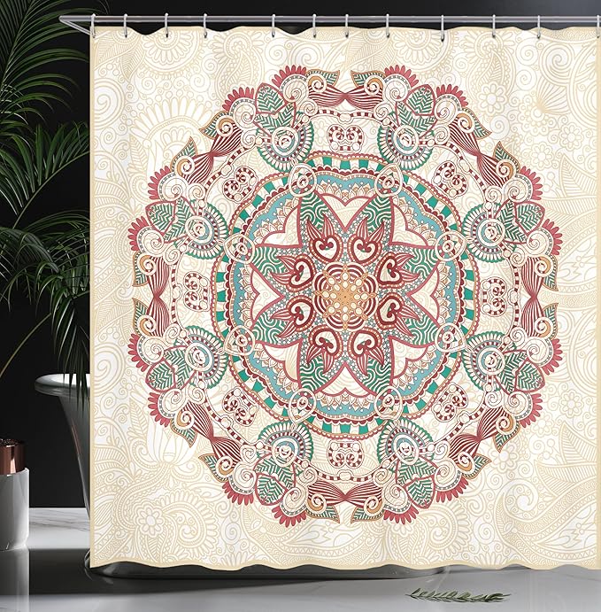 Ambesonne Mandala Shower Curtain, Oriental Mandala Vintage Style Boho Art Geometric Forms Pattern Image, Cloth Fabric Bathroom Decor Set with Hooks, 69" W x 70" L, Red Cream Green