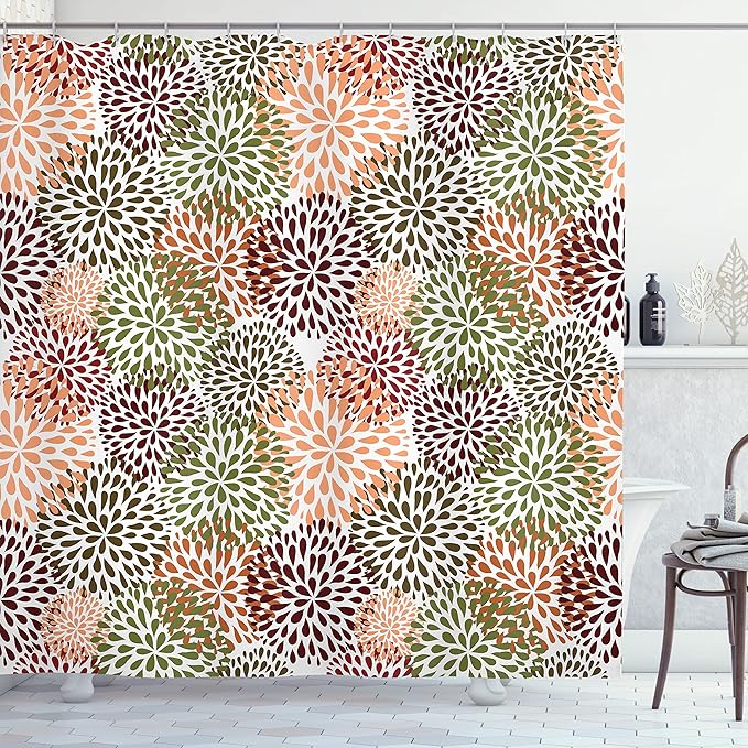Ambesonne Floral Shower Curtain, Modern Floral Ornate Petals Flourish Traditional Springtime Garden Leaves, Cloth Fabric Bathroom Decor Set with Hooks, 69" W x 75" L, Pale Caramel