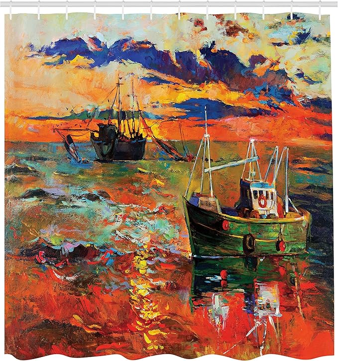 Ambesonne Country Shower Curtain, Pastel Color Paint of Sail Boats Fishing The Ocean by Early Morning at Sunset Art, Cloth Fabric Bathroom Decor Set with Hooks, 69" W x 84" L, Vermilion