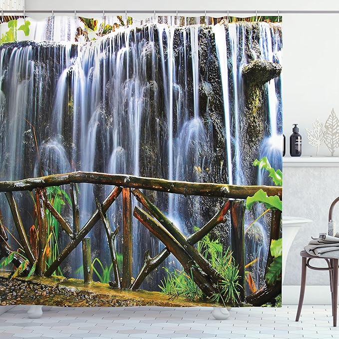 Ambesonne Waterfall Shower Curtain, Tropical Park and Falling Stream Plants Waterfall Scenery Painting Artwork, Cloth Fabric Bathroom Decor Set with Hooks, 69" W x 70" L, White and Green