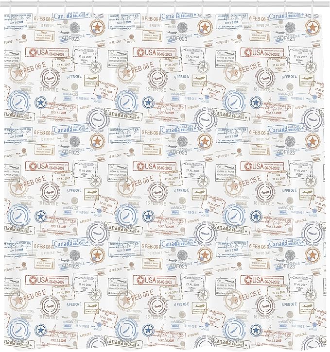 Ambesonne Travel Shower Curtain, Vintage Old Rubber Stamps Tourist Passport Visa Certificate Vacation Holiday Theme, Cloth Fabric Bathroom Decor Set with Hooks, 69" W x 84" L, Warm Taupe Blue