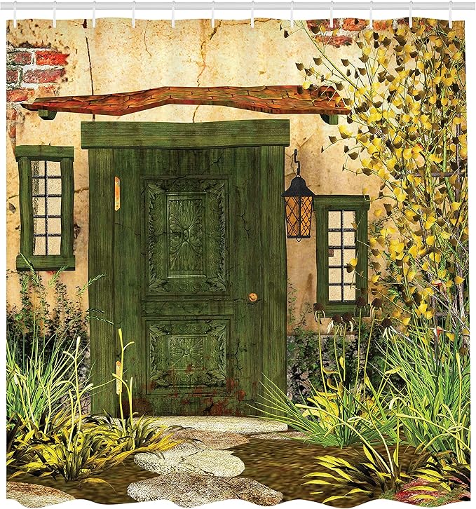 Ambesonne Rustic Shower Curtain, Cottage Door Overgrown Bushes Grass Tree Garden Brick Countryside, Cloth Fabric Bathroom Decor Set with Hooks, 69" W x 75" L, Green Ivory Yellow