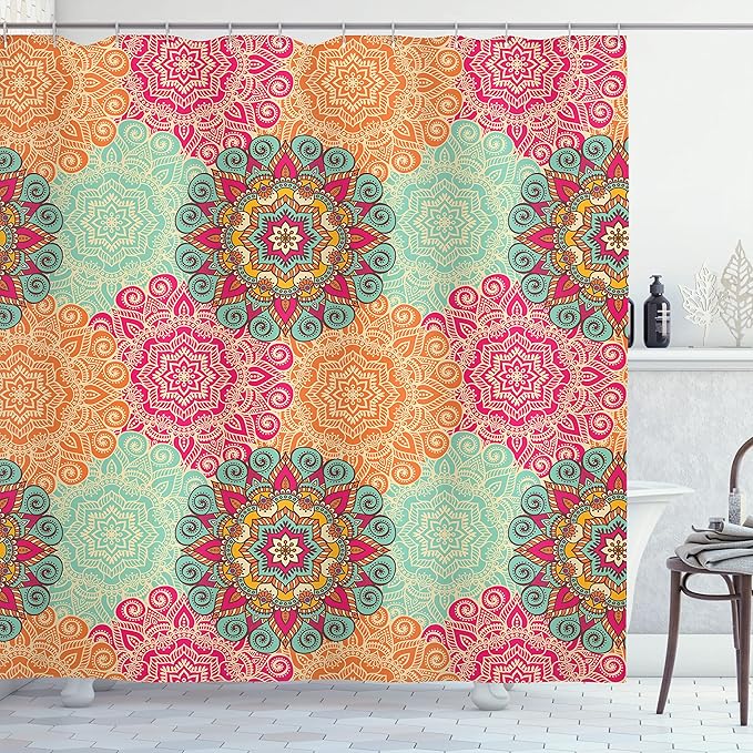 Ambesonne Mandala Shower Curtain, Antique Mandala Patterns Circles in Vintage Colors Native Tribal Ornamental, Cloth Fabric Bathroom Decor Set with Hooks, 84" Long Extra, Fuchsia Orange
