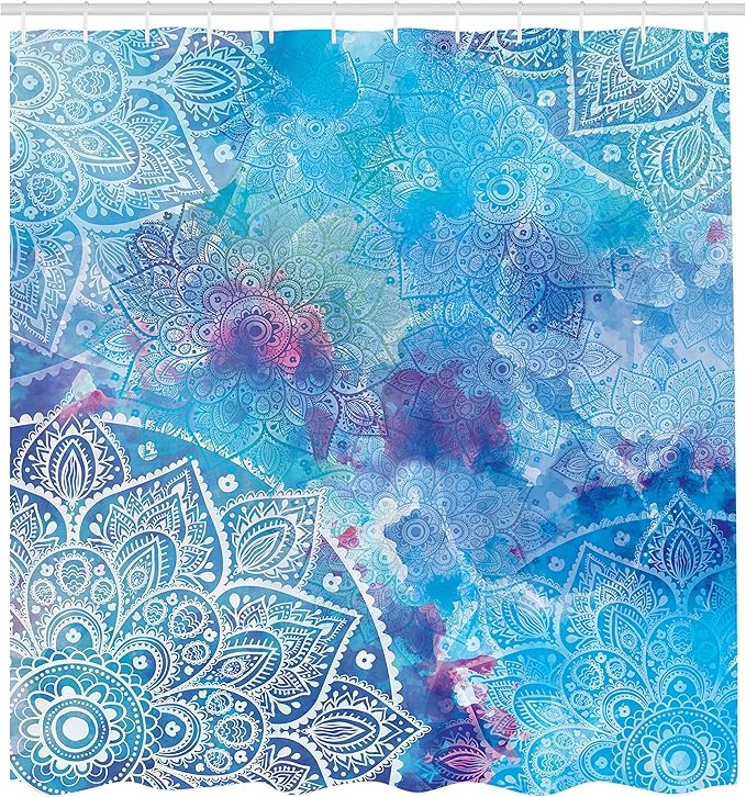 Batik Decor Shower Curtain by Ambesonne, Artistic Paisley Floral White Lace Mandala Watercolor Painting Artwork Print, Polyester Fabric Bathroom Set with Hooks, 69 X 70 Inches, Ombre Blue Purple Aqua