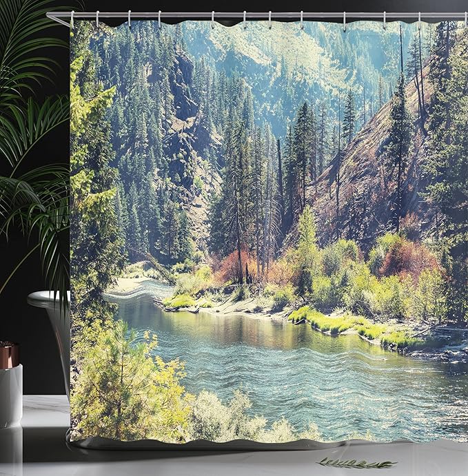 Ambesonne Landscape Shower Curtain, Scenic Mountain with Pine Trees and Flowing River Colorful Foliage Daytime Nature, Cloth Fabric Bathroom Decor Set with Hooks, 69" W x 84" L, Blue Night
