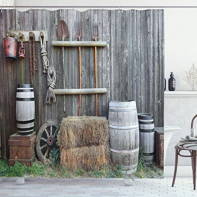 Ambesonne Agriculture Shower Curtain, Western Wooden Barn Countryside Bucolic Rural House Folk Vintage Scenery, Cloth Fabric Bathroom Decor Set with Hooks, 69" W x 75" L, Brown Grey