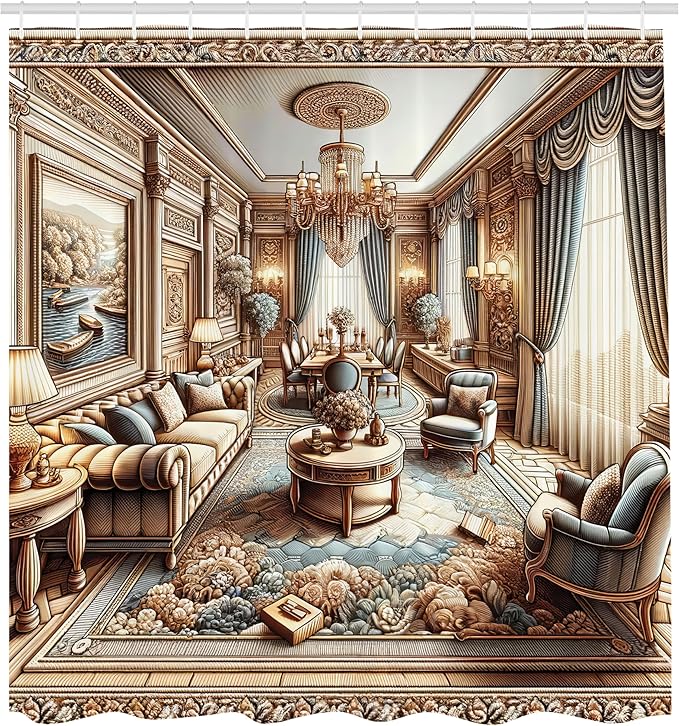Ambesonne Classic Shower Curtain, Opulent Illustration of a Luscious Room Palatial Ornamental Rich Home Scenery, Cloth Fabric Bathroom Decor Set with Hooks, 69" W x 75" L, Ginger and Blue