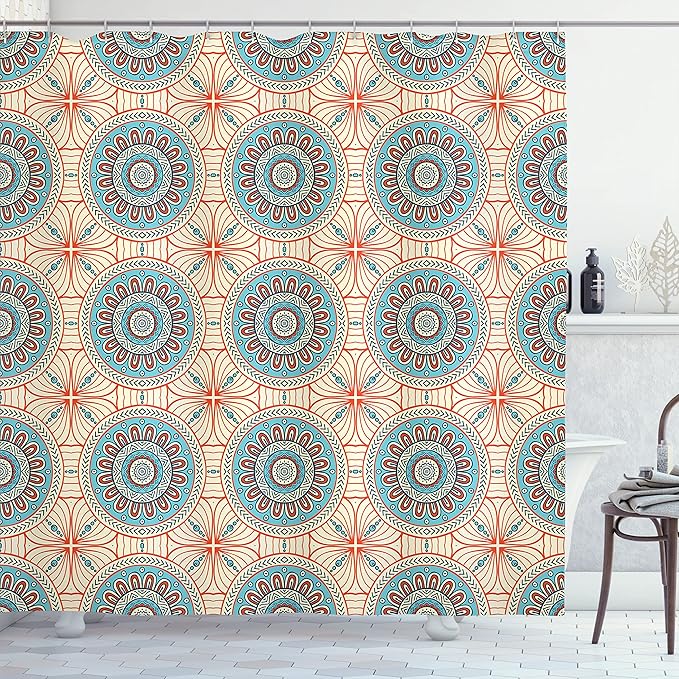 Ambesonne Tribal Shower Curtain, Abstract Style Background Flower Pattern Mystical Print, Cloth Fabric Bathroom Decor Set with Hooks, 69" W x 70" L, Aqua and Orange