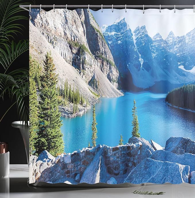 Ambesonne Nature Shower Curtain, Moraine Lake Banff National Park of Canada with Mountains and Pines Valley of The 10 Peaks Artwork, Cloth Fabric Bathroom Set with Hooks, 69" W x 75" L, Green Grey