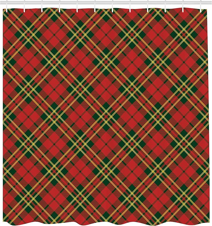 Ambesonne Checkered Shower Curtain, Irish Tartan Plaid Motifs in Christmas Colors Geometrical Stripes, Cloth Fabric Bathroom Decor Set with Hooks, 69" W x 84" L, Emerald Vermilion