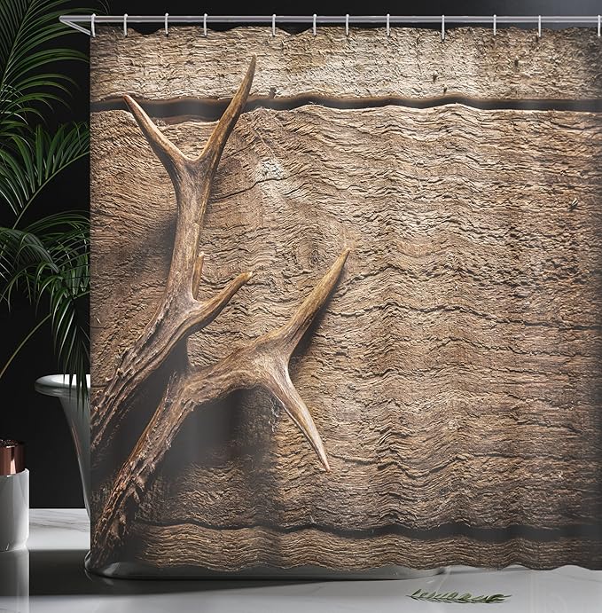 Ambesonne Antlers Shower Curtain, Deer Antlers on Wood Table Rustic Texture Surface Hunting Season Fall Gathering Art, Cloth Fabric Bathroom Decor Set with Hooks, 69" W x 70" L, Umber