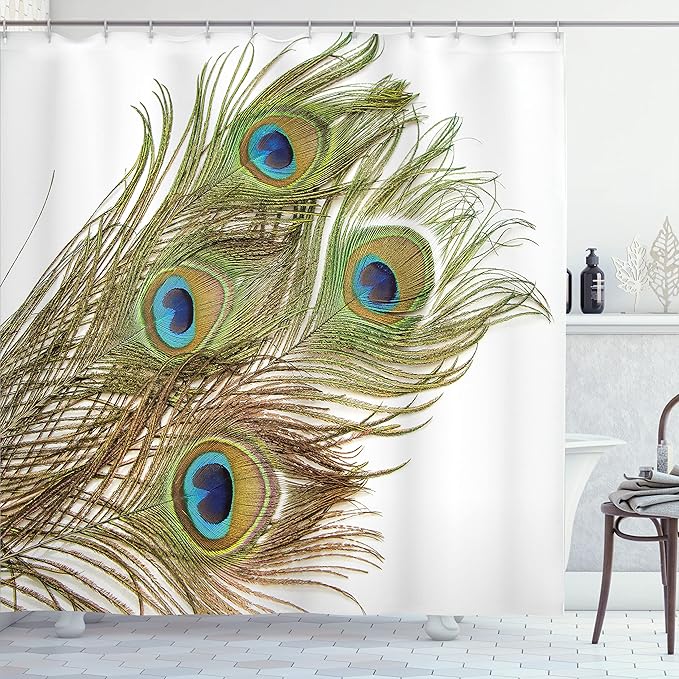 Ambesonne Peacock Shower Curtain, Macro Peacock Tail Feather Like Third Eyes Vitality New Life Path Awakening Print, Cloth Fabric Bathroom Decor Set with Hooks, 69" W x 84" L, White Green