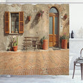 Ambesonne Tuscan Shower Curtain, Medieval Facade Rustic Wooden Door Brick Wall in Small Village, Cloth Fabric Bathroom Decor Set with Hooks, 69" W x 75" L, Cinnamon Tan