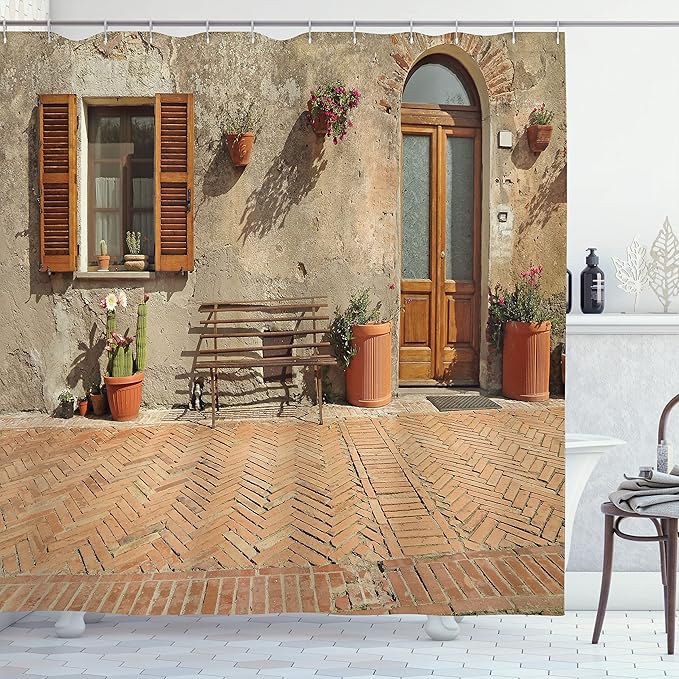 Ambesonne Tuscan Shower Curtain, Medieval Facade Rustic Wooden Door Brick Wall in Small Village, Cloth Fabric Bathroom Decor Set with Hooks, 69" W x 75" L, Cinnamon Tan