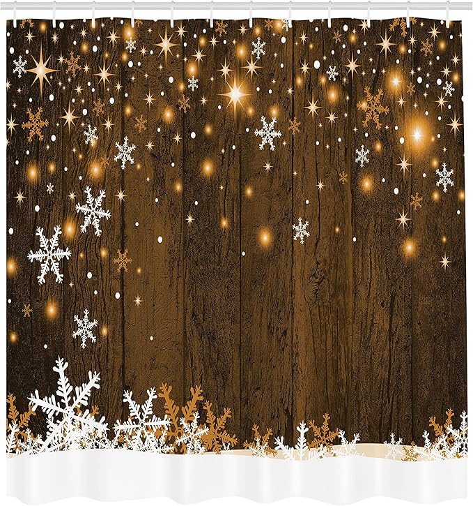 Ambesonne Christmas Shower Curtain, Rustic Wooden Backdrop with Snowflakes and Warm Traditional Celebration Print, Cloth Fabric Bathroom Decor Set with Hooks, 69" W x 75" L, Brown White
