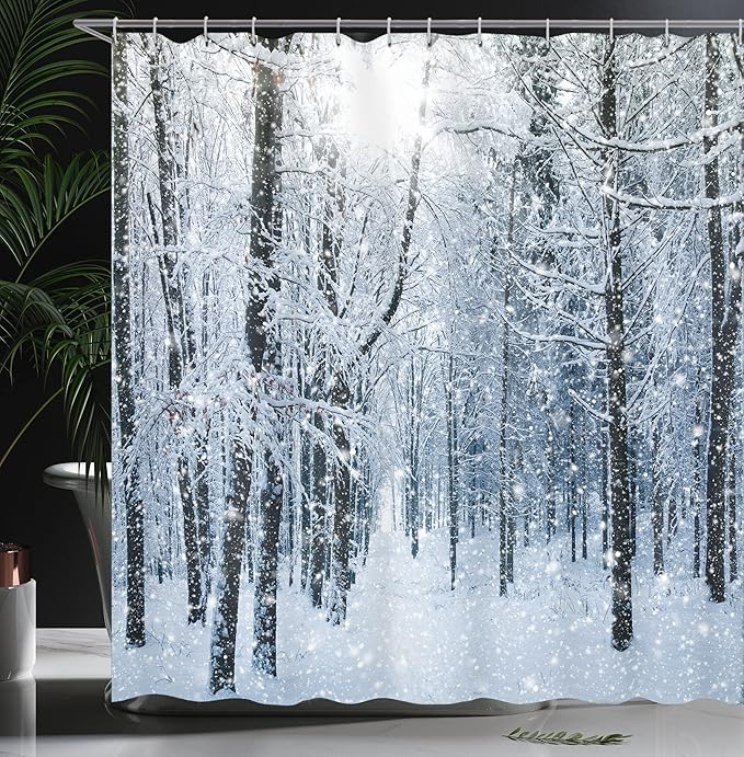 Ambesonne Winter Shower Curtain, Snow Covered Forest Idyllic Early Morning Scenery Seasonal Xmas Nature, Cloth Fabric Bathroom Decor Set with Hooks, 69" W x 70" L, Black White Slate Blue