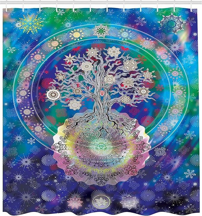 Ambesonne Mandala Shower Curtain, Tree of Life Image Floral Style Patterns and Mandala Design, Cloth Fabric Bathroom Decor Set with Hooks, 69" W x 84" L, Blue Purple