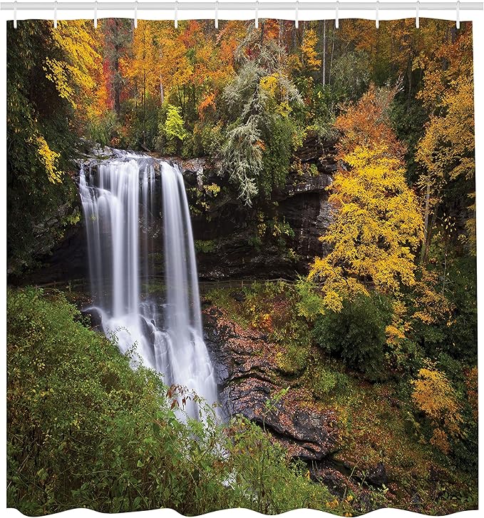 Ambesonne Waterfall Shower Curtain, Autumn Waterfalls with Trees and Pale Fall Leaves in The Forest Print, Cloth Fabric Bathroom Decor Set with Hooks, 69" W x 70" L, Green Yellow White
