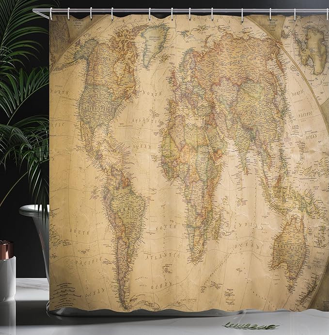 Ambesonne World Map Shower Curtain, Anthique Old World Map in Retro Colors Vintage Nostalgic Design Art Print, Cloth Fabric Bathroom Decor Set with Hooks, 69" W x 70" L, Coffee Cream